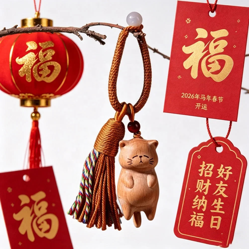 Cute  Wood Cat Keychain Pendant with Fortune Coin Car Rearview Mirror Hanging Ornament DIY Jewelry Accessories Small Gift