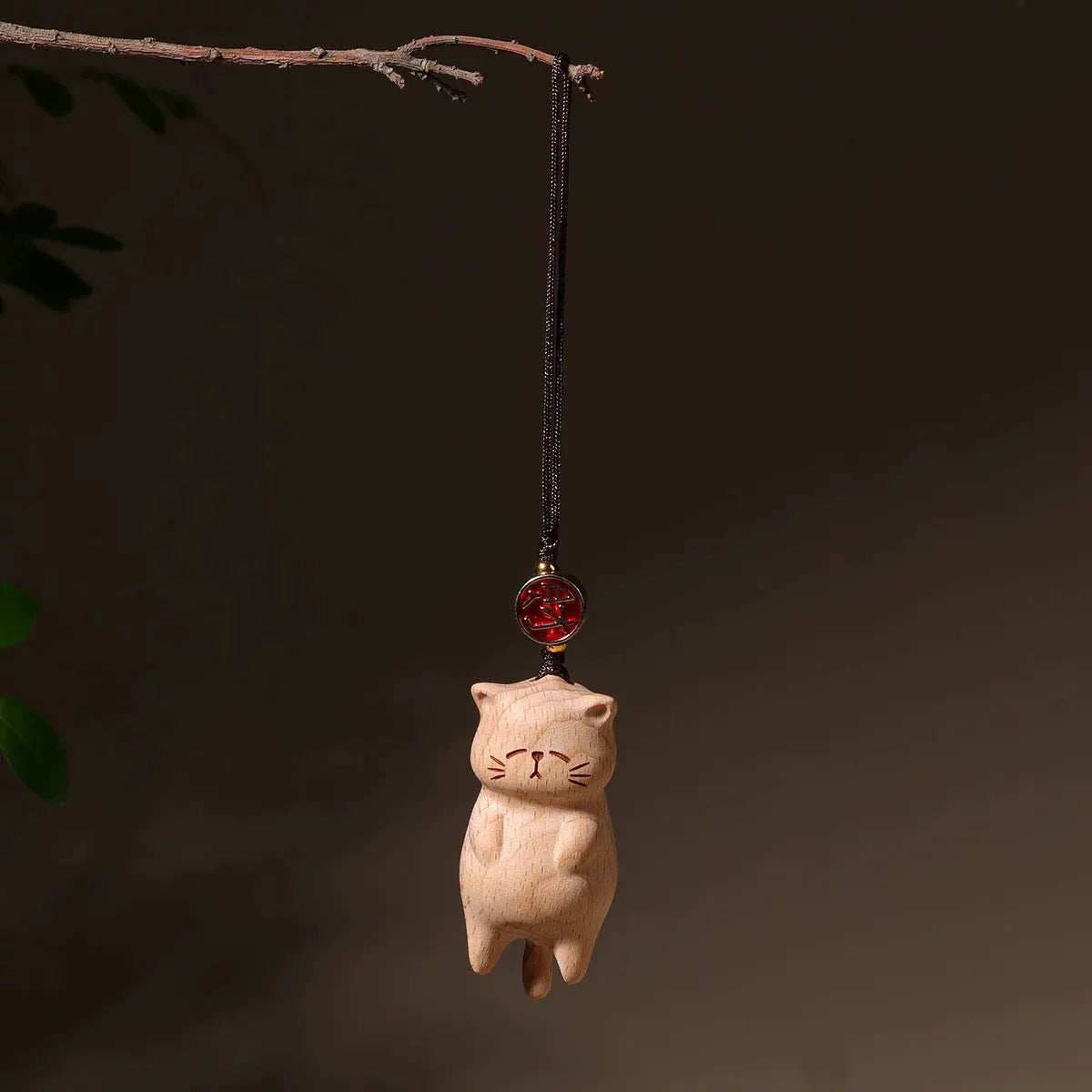 Cute  Wood Cat Keychain Pendant with Fortune Coin Car Rearview Mirror Hanging Ornament DIY Jewelry Accessories Small Gift