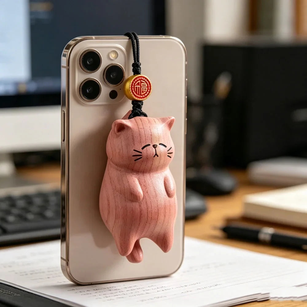 Cute  Wood Cat Keychain Pendant with Fortune Coin Car Rearview Mirror Hanging Ornament DIY Jewelry Accessories Small Gift