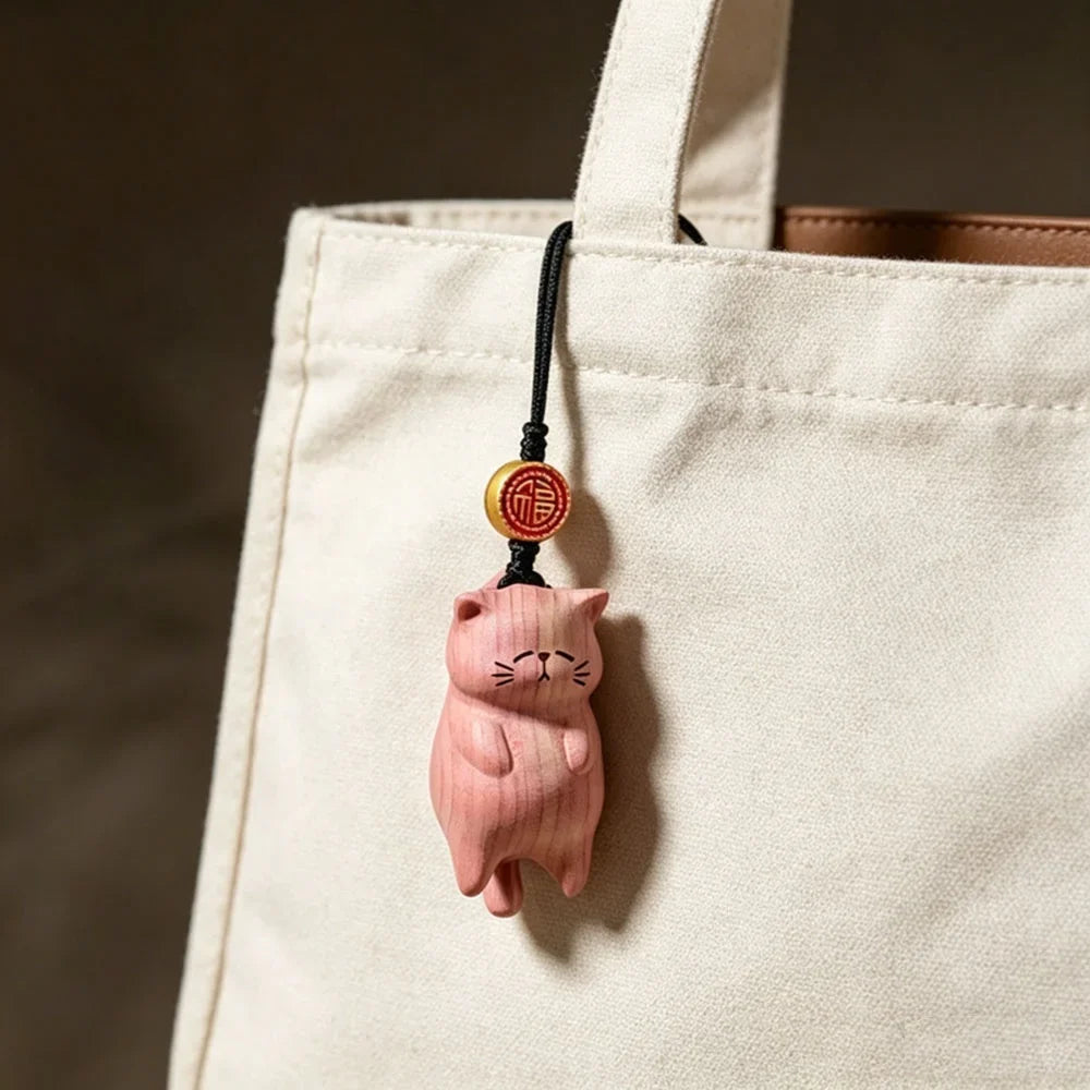 Cute  Wood Cat Keychain Pendant with Fortune Coin Car Rearview Mirror Hanging Ornament DIY Jewelry Accessories Small Gift