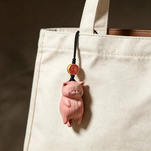 Cute  Wood Cat Keychain Pendant with Fortune Coin Car Rearview Mirror Hanging Ornament DIY Jewelry Accessories Small Gift