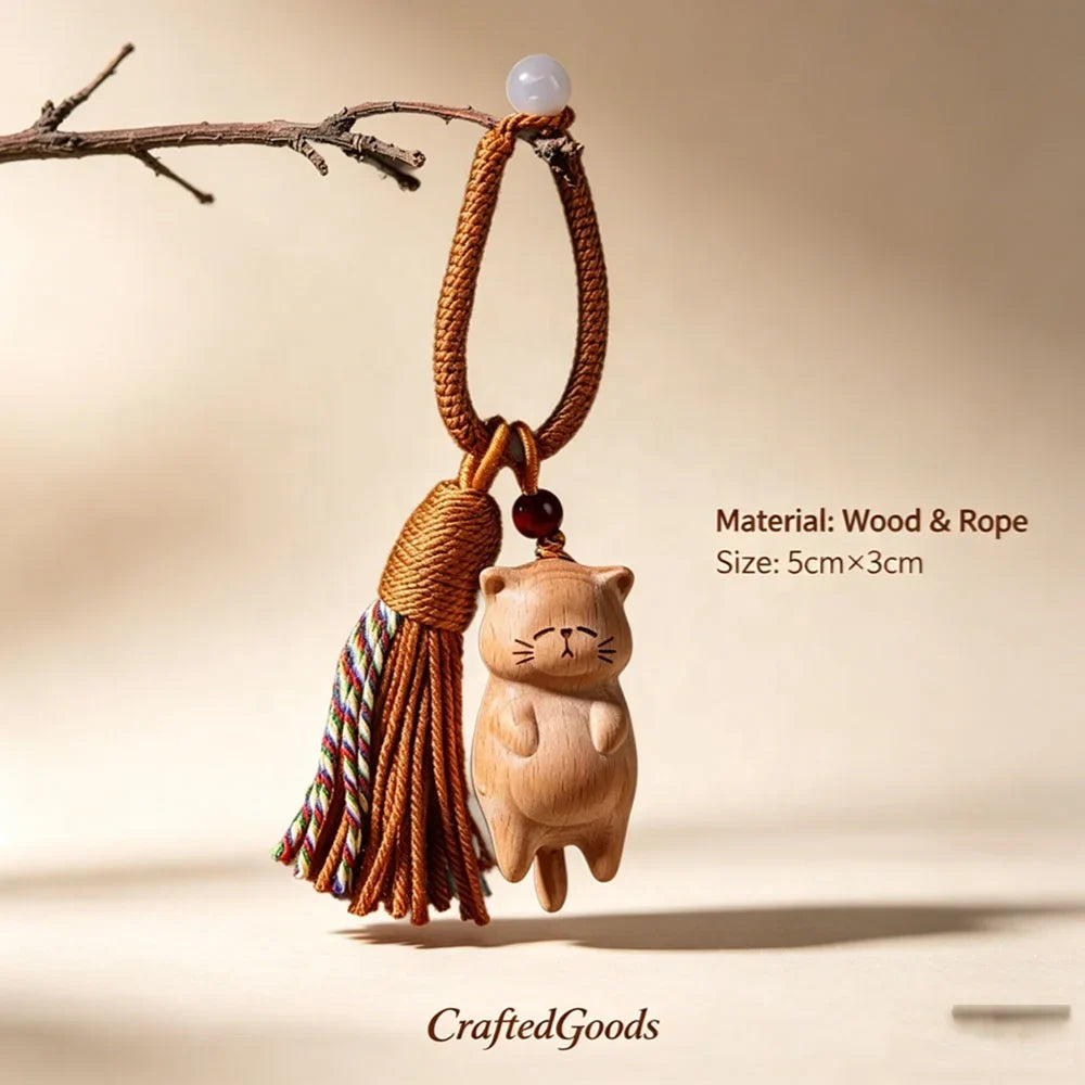 Cute  Wood Cat Keychain Pendant with Fortune Coin Car Rearview Mirror Hanging Ornament DIY Jewelry Accessories Small Gift