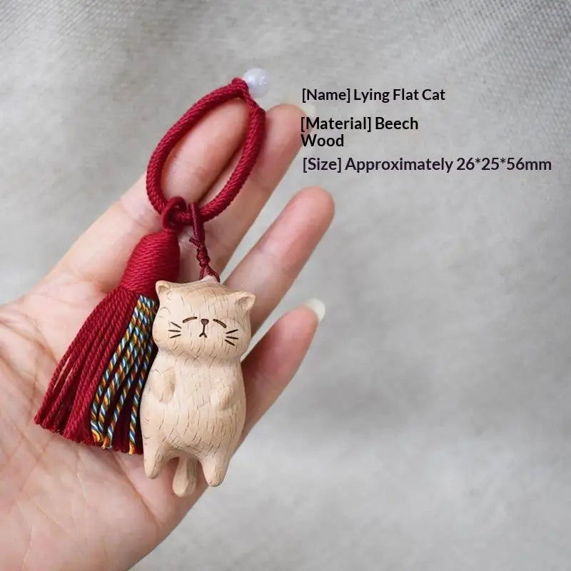 Vintage Style Hand Carved Wooden Cat Keychain Cute Kitty Tassel Charm Bag Pendant Lovely Gift for Pet Owners