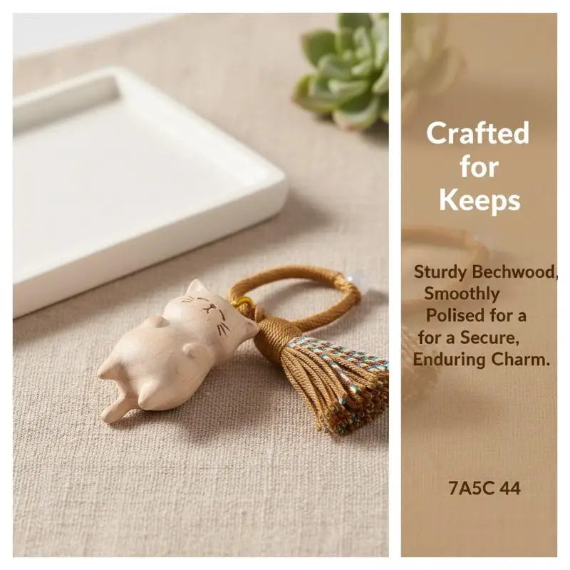 Vintage Style Hand Carved Wooden Cat Keychain Cute Kitty Tassel Charm Bag Pendant Lovely Gift for Pet Owners