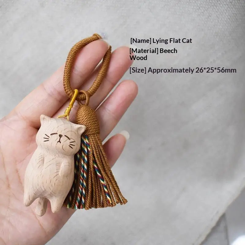 Vintage Style Hand Carved Wooden Cat Keychain Cute Kitty Tassel Charm Bag Pendant Lovely Gift for Pet Owners