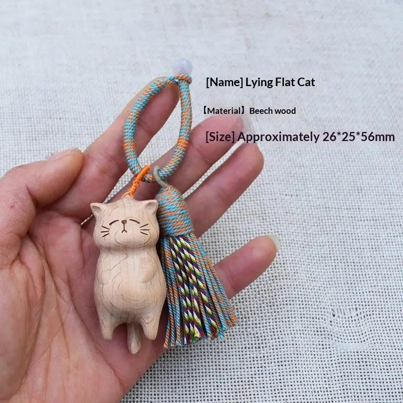 Vintage Style Hand Carved Wooden Cat Keychain Cute Kitty Tassel Charm Bag Pendant Lovely Gift for Pet Owners