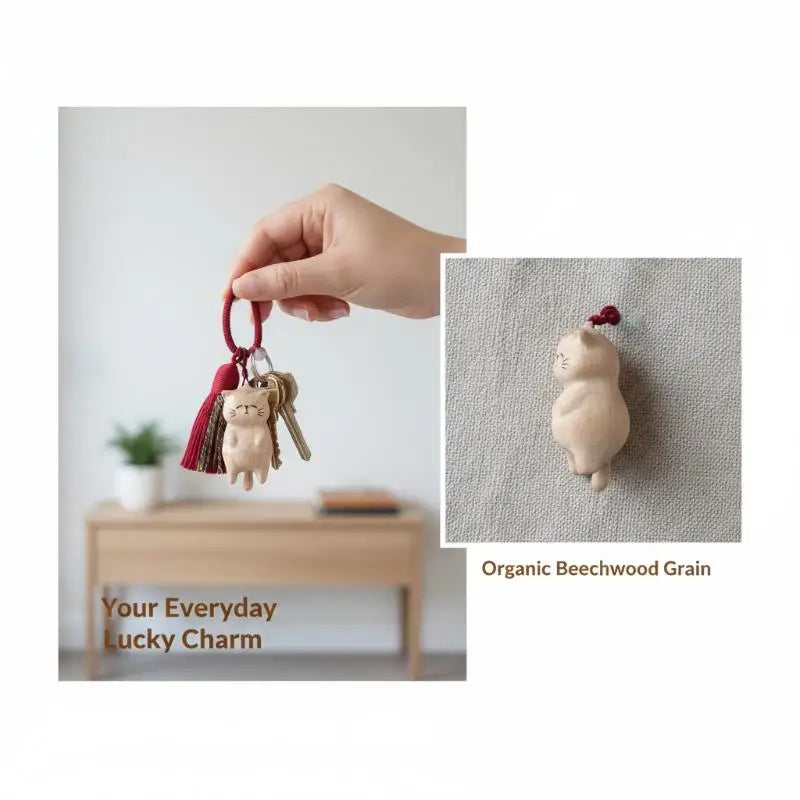 Vintage Style Hand Carved Wooden Cat Keychain Cute Kitty Tassel Charm Bag Pendant Lovely Gift for Pet Owners