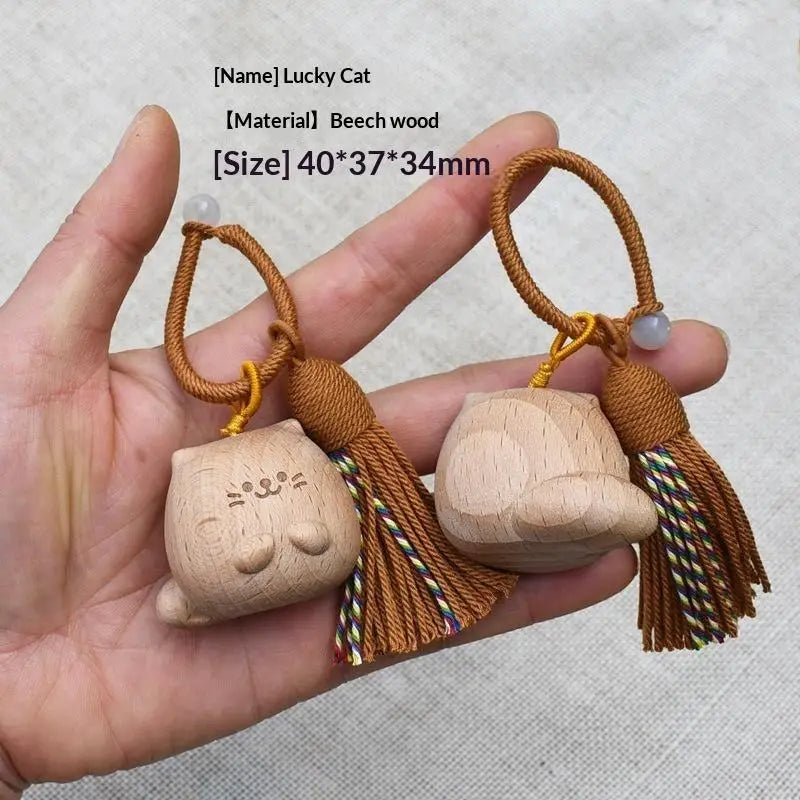 Vintage Style Hand Carved Wooden Cat Keychain Cute Kitty Tassel Charm Bag Pendant Lovely Gift for Pet Owners