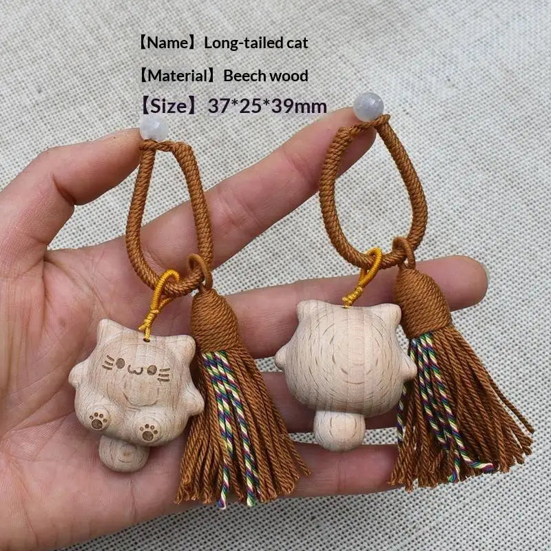 Vintage Style Hand Carved Wooden Cat Keychain Cute Kitty Tassel Charm Bag Pendant Lovely Gift for Pet Owners