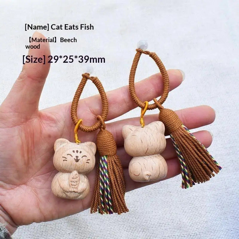 Vintage Style Hand Carved Wooden Cat Keychain Cute Kitty Tassel Charm Bag Pendant Lovely Gift for Pet Owners